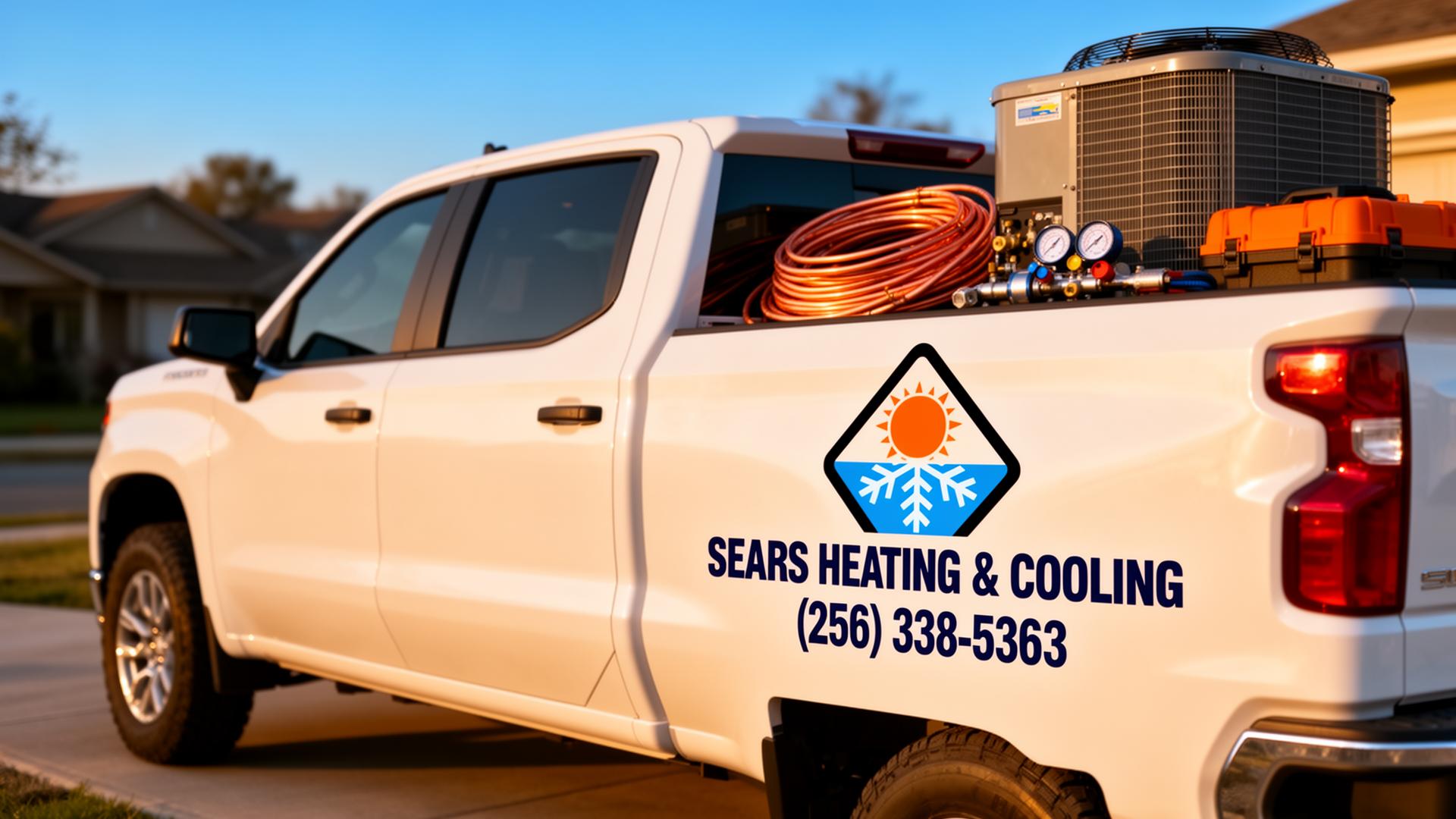 Sears HVAC technician servicing an AC unit at dusk in Cullman, Alabama