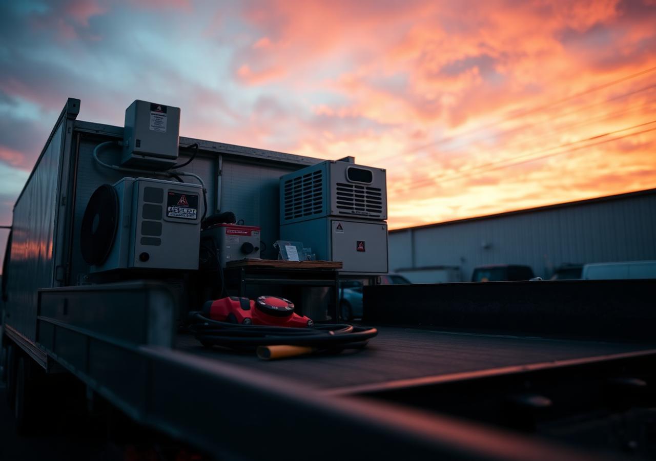 Sears Heating & Cooling service truck loaded with HVAC equipment at sunset